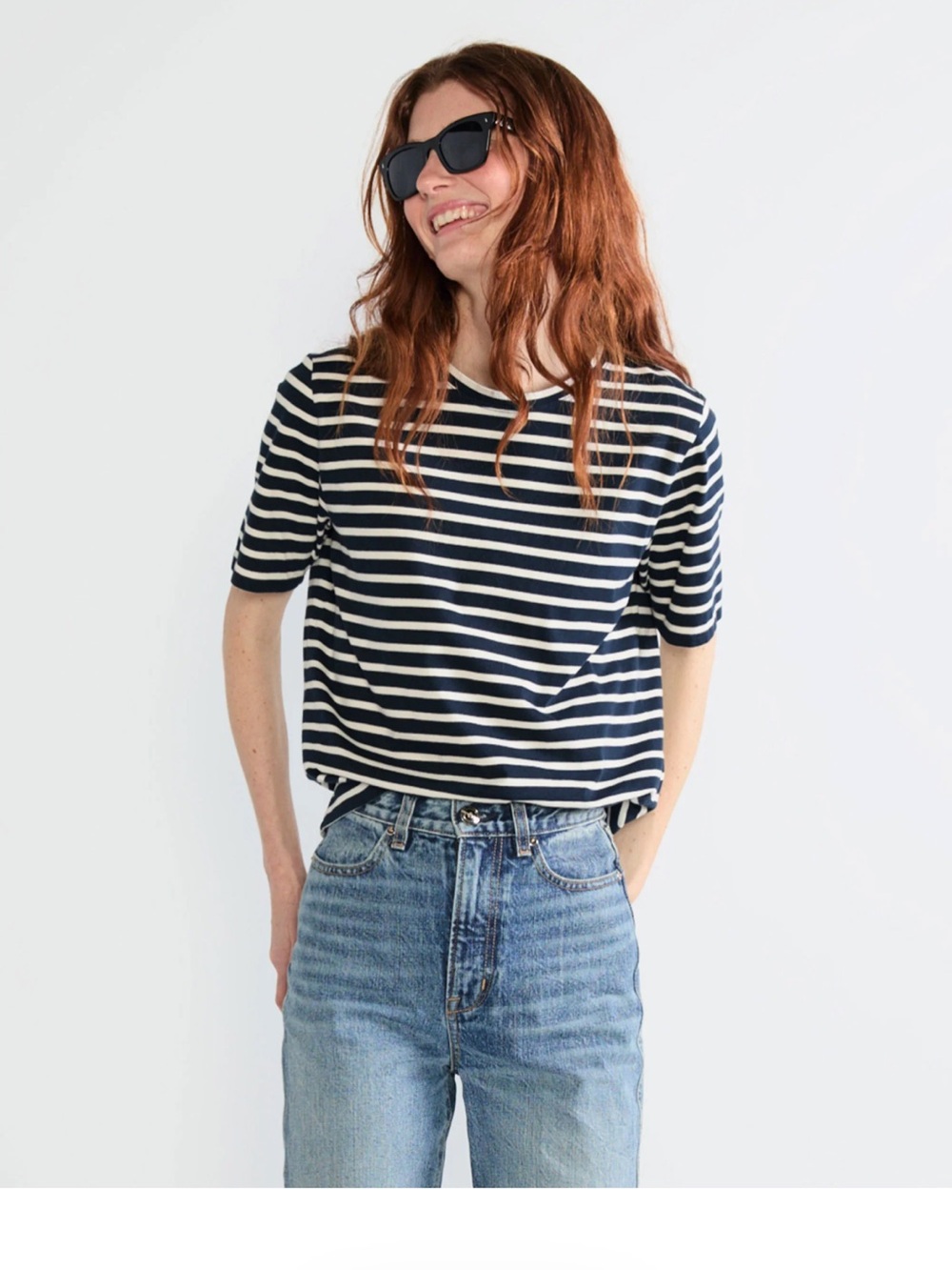 KULE Striped Navy and White Short-Sleeve Crewneck Top